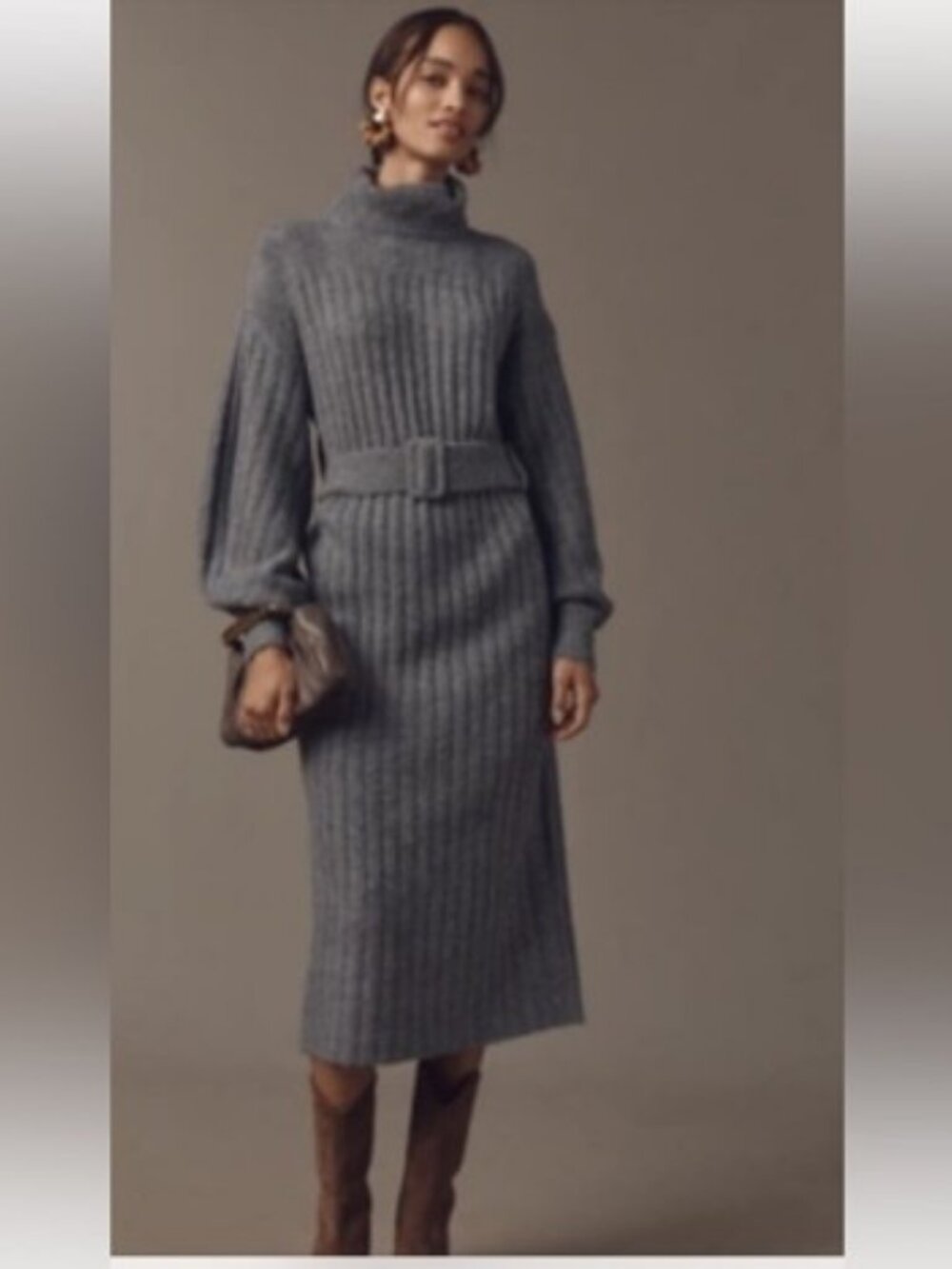 Anthropologie Long-Sleeve Turtleneck Belted Midi Jumper Dress Green Wool L NWT